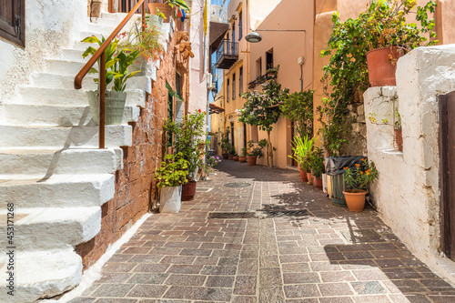 Fototapeta Naklejka Na Ścianę i Meble -  white stairs and charming streets of the old town of Chani on the island of Crete