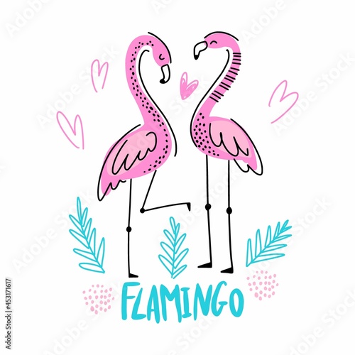 A bright drawing with two pink flamingos with the inscription
