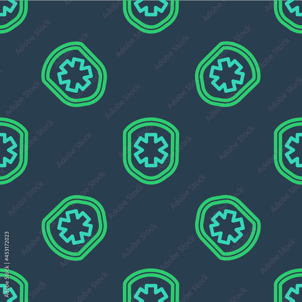 Line Medical shield with cross icon isolated seamless pattern on blue background. Protection, safety, password security. Vector Line Medical shield with cross icon isolated seamless pattern on blue background. Protection, safety, password security. Vector