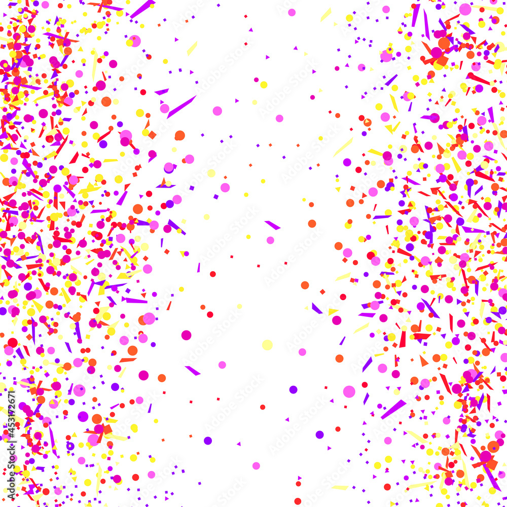 Multicolored pattern with random falling colored confetti on white background. Texture with glitters for design. Greeting cards. Explosion. Bright firework. Print for polygraphy and posters