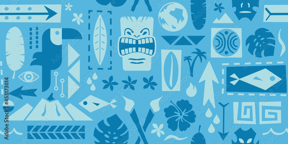 Repeating Tiki Pattern | Seamless Polynesian Wallpaper | Tropical Background Design | Vector Island Icons and Symbols | Hawaiian Design | Shirt Fabric Layout - obrazy, fototapety, plakaty 