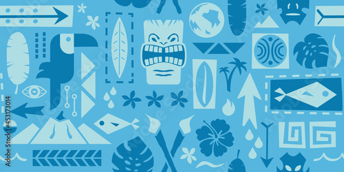 Repeating Tiki Pattern | Seamless Polynesian Wallpaper | Tropical Background Design | Vector Island Icons and Symbols | Hawaiian Design | Shirt Fabric Layout photo