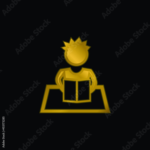 Boy Reading gold plated metalic icon or logo vector