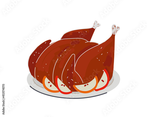 Dish of delicious grilled poultry cooked. On plate turkey or chicken meat in apples. Festive food roast duck or goose hand drawn. Vector isolated drawing illustration