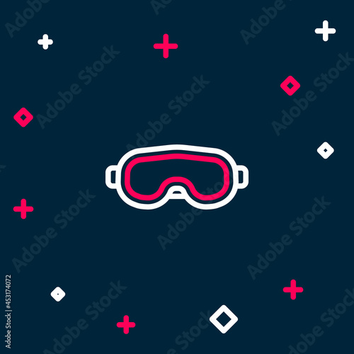 Line Ski goggles icon isolated on blue background. Extreme sport. Sport equipment. Colorful outline concept. Vector
