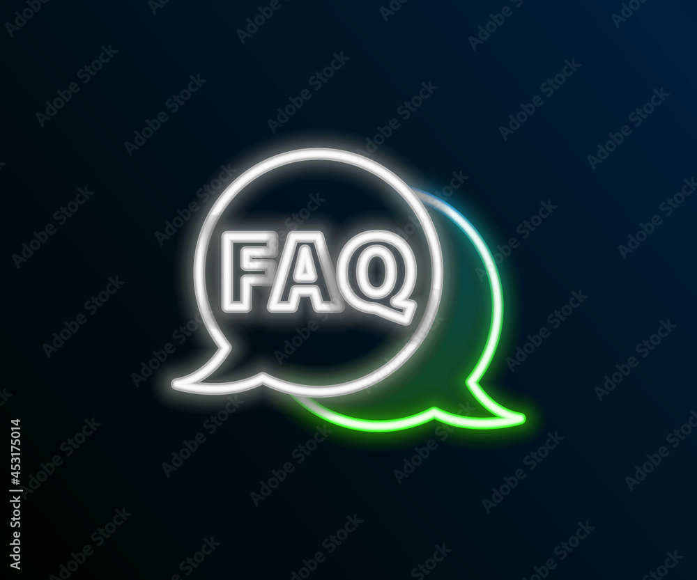 Glowing neon line Speech bubble with text FAQ information icon isolated on black background. Circle button with text FAQ. Colorful outline concept. Vector Glowing neon line Speech bubble with text FAQ information icon isolated on black background. Circle button with text FAQ. Colorful outline concept. Vector