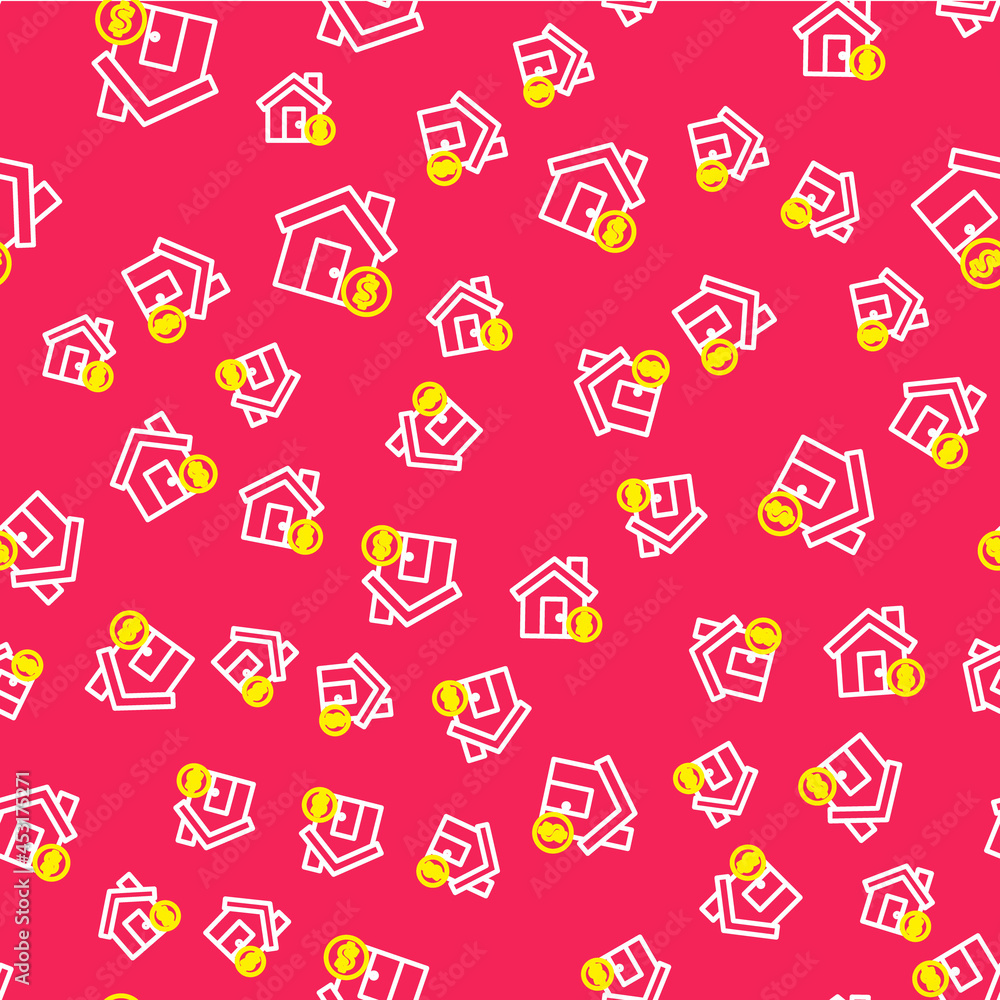 Line House with dollar symbol icon isolated seamless pattern on red background. Home and money. Real estate concept. Vector Line House with dollar symbol icon isolated seamless pattern on red background. Home and money. Real estate concept. Vector