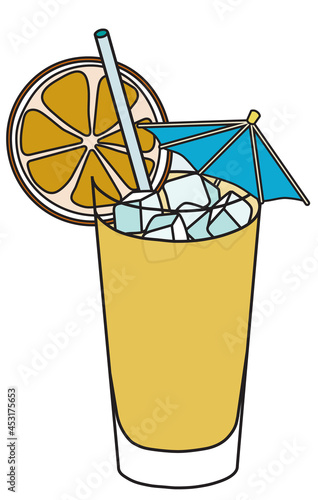 Stylish hand-drawn doodle cartoon style yellow Screwdriver cocktail in highball glass garnished with a slice of orange. A vector illustration good for bar menu or alcohol cook book recipe