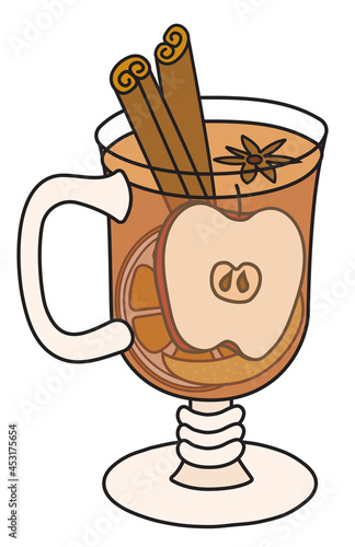 Stylish hand-drawn doodle cartoon style vector illustration. Hot warm winter spiced apple cider toddy grog white mulled wine cocktail in special glass garnished with cinnamon, star anise and orange
