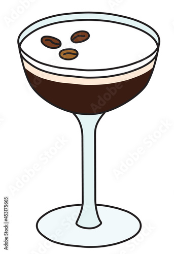 Stylish hand-drawn doodle cartoon style Espresso Martini cocktail vector illustration. For party card, invitations, posters, bar menu or alcohol cook book recipe