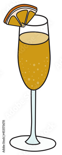 Doodle cartoon hipster style colored vector illustration. Sparkling yellow mimosa cocktail in flute glass garnished with a slice of orange. Good for bar restaurant menu ads decoration, poster or card