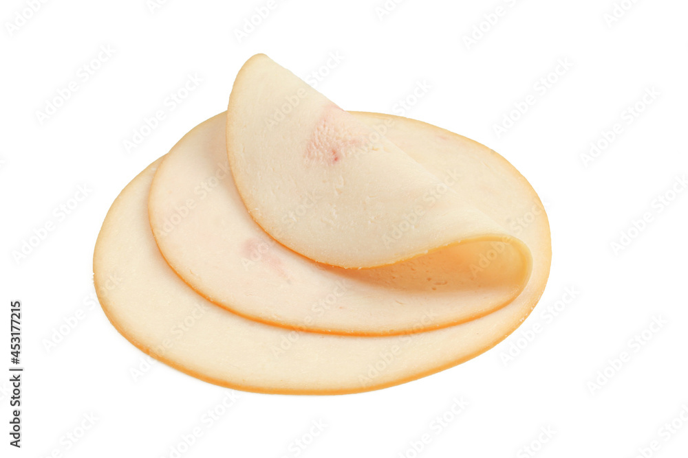Thin slices of smoked chicken breast isolated on white background. Healthy diet food Thin slices of smoked chicken breast isolated on white background. Healthy diet food