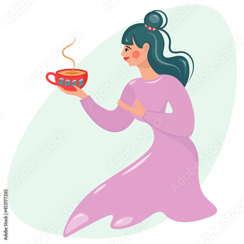 A beautiful girl holds a red cup of coffee in her hands. Young pretty woman in pink dress offers tea and coffee. Vector illustration for advertising hot drinks. Cartoon flat style.