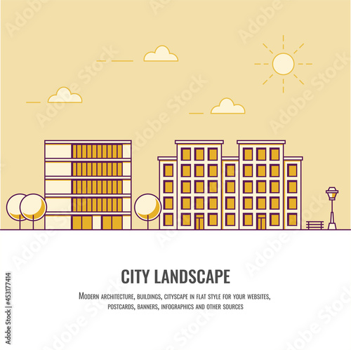 City landscape. City apartment house. Office. Cityscape. Real estate concept. Yellow flat illustration. Business. Line style. Flat vector illustration. Ecology. eps10. Street light. Trees.