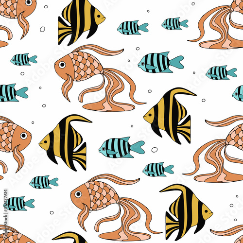 Seamless pattern with various abstract fish. Underwater sea world. For textiles, posters, or a print for children's clothing