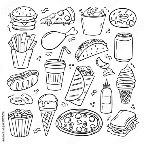 Set of fast food doodle. Burger, hot dog, sausage, onion, donut, drinks, fries and pizza in sketch style. Hand drawn vector illustration isolated on white background.