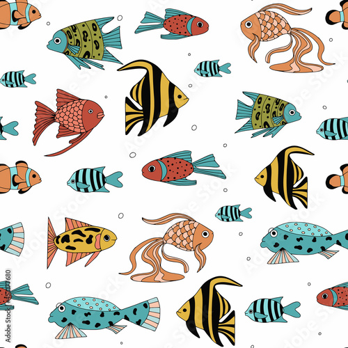 Seamless pattern with various abstract fish. Underwater sea world. For textiles, posters, or a print for children's clothing