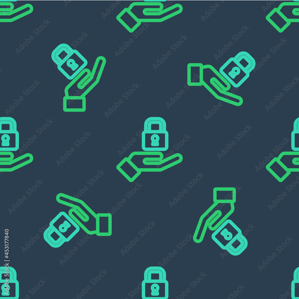 Line Lock in hand icon isolated seamless pattern on blue background. Padlock sign. Security, safety, protection, privacy concept. Vector Line Lock in hand icon isolated seamless pattern on blue background. Padlock sign. Security, safety, protection, privacy concept. Vector