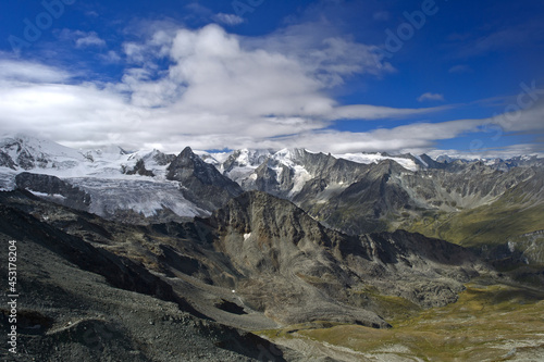 Alpine landscape with peaks and glaciers in Val dâ€™Anniviers, Zinal, Wallis, Switzerland photo