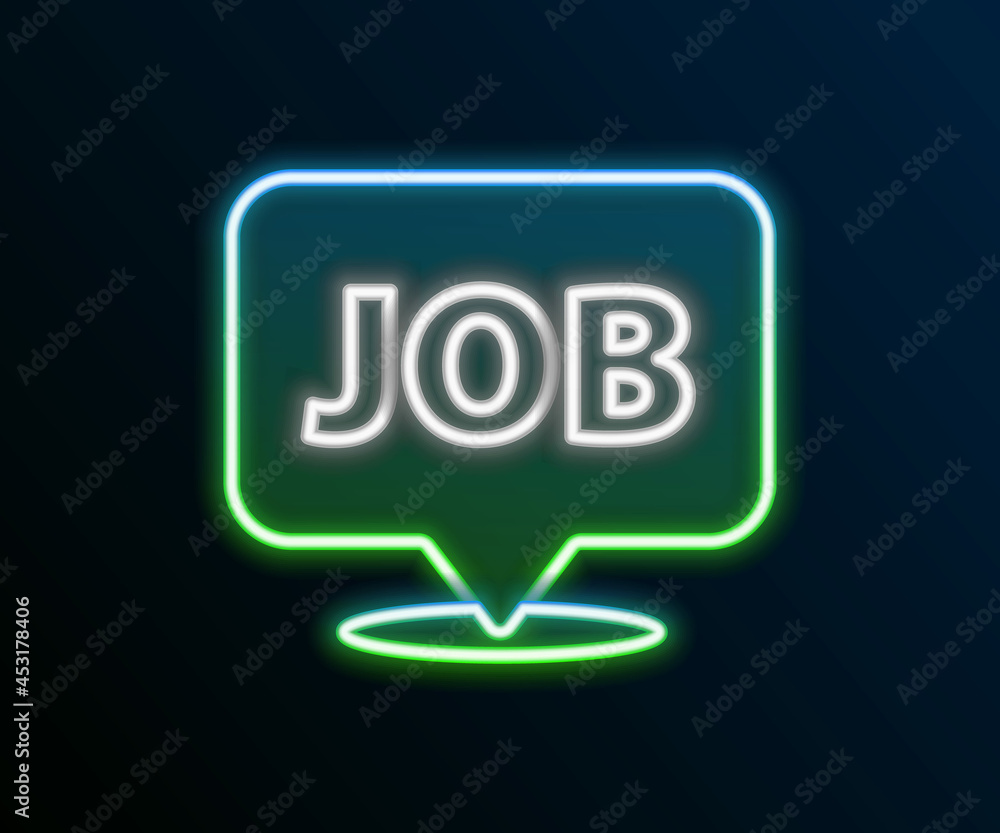 Glowing neon line Speech bubble with job icon isolated on black background. Recruitment or selection concept. Search for employees and job. Colorful outline concept. Vector Glowing neon line Speech bubble with job icon isolated on black background. Recruitment or selection concept. Search for employees and job. Colorful outline concept. Vector