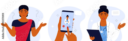 Doctor online. eHealth. Confused Indian woman has cold. The patient makes a video call to the medical worker. Remote appointment. Telemedicine concept.