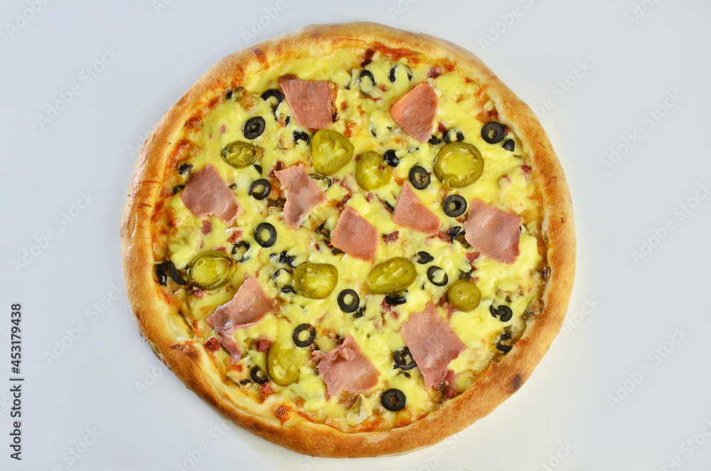 pizza with ham Cornish mushrooms, cheese and salami top view pizza with ham Cornish mushrooms, cheese and salami top view