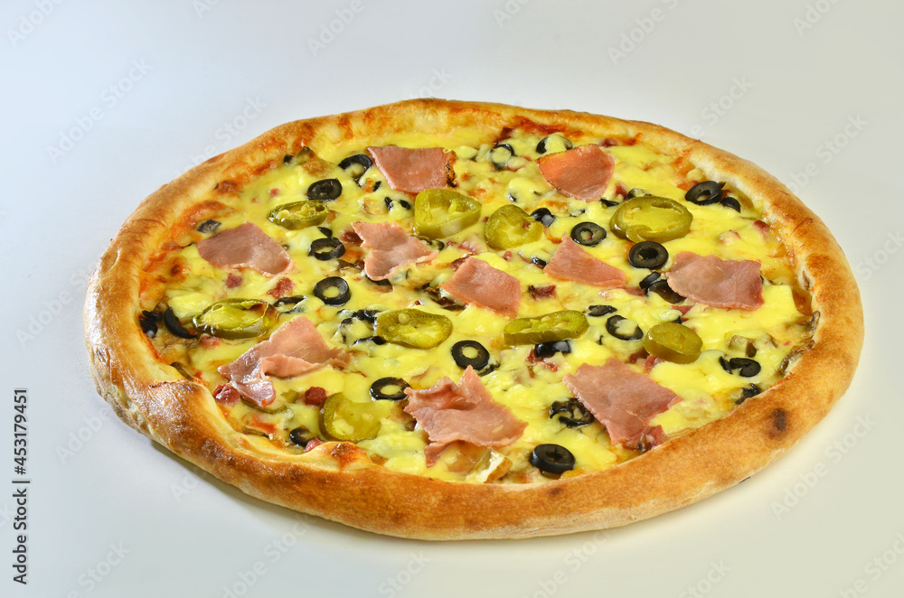 pizza with ham Cornish mushrooms, cheese and salami