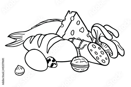 Set products vector illustration isolated on white background. Coloring book with products for kids.