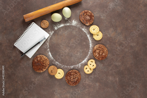 Biscuit. Background texture. Stack of cookies biscuit texture from biscuit biscuit tea cookies pattern. Crumpets as background. View from above. copy space