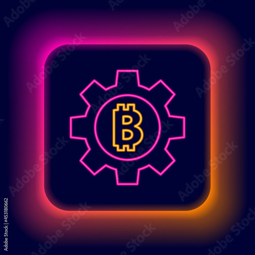 Glowing neon line Cryptocurrency coin Bitcoin icon isolated on black background. Gear and Bitcoin setting. Blockchain based secure crypto currency. Colorful outline concept. Vector