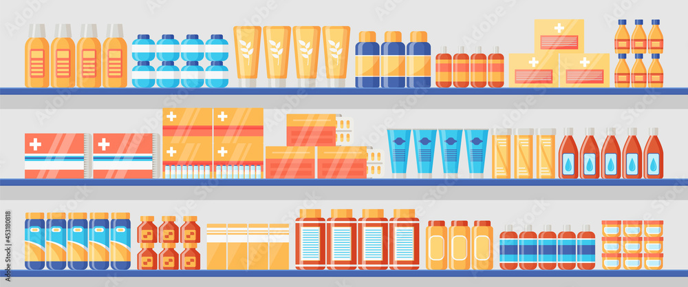 Pharmacy shelf with medical products. Drugstore shelves with medicines and medications. Medical pills, bottles, packets, liquids syrup and capsules in hospital store. Flat design. Vector illustration