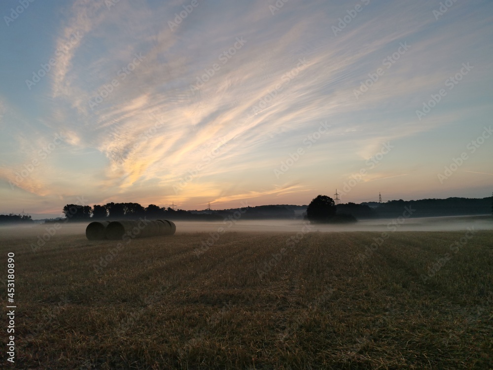 Fototapeta premium Sonnenaufgang, Nebel, in den frühen Morgenstunden, Strohballe