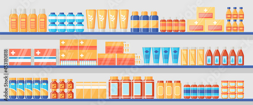 Pharmacy shelf with medical products. Drugstore shelves with medicines and medications. Medical pills, bottles, packets, liquids syrup and capsules in hospital store. Flat design. Vector illustration