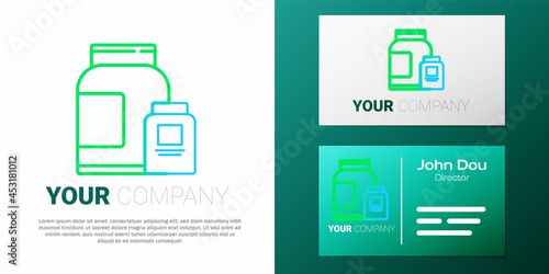 Line Sports nutrition bodybuilding proteine power drink and food icon isolated on white background. Colorful outline concept. Vector