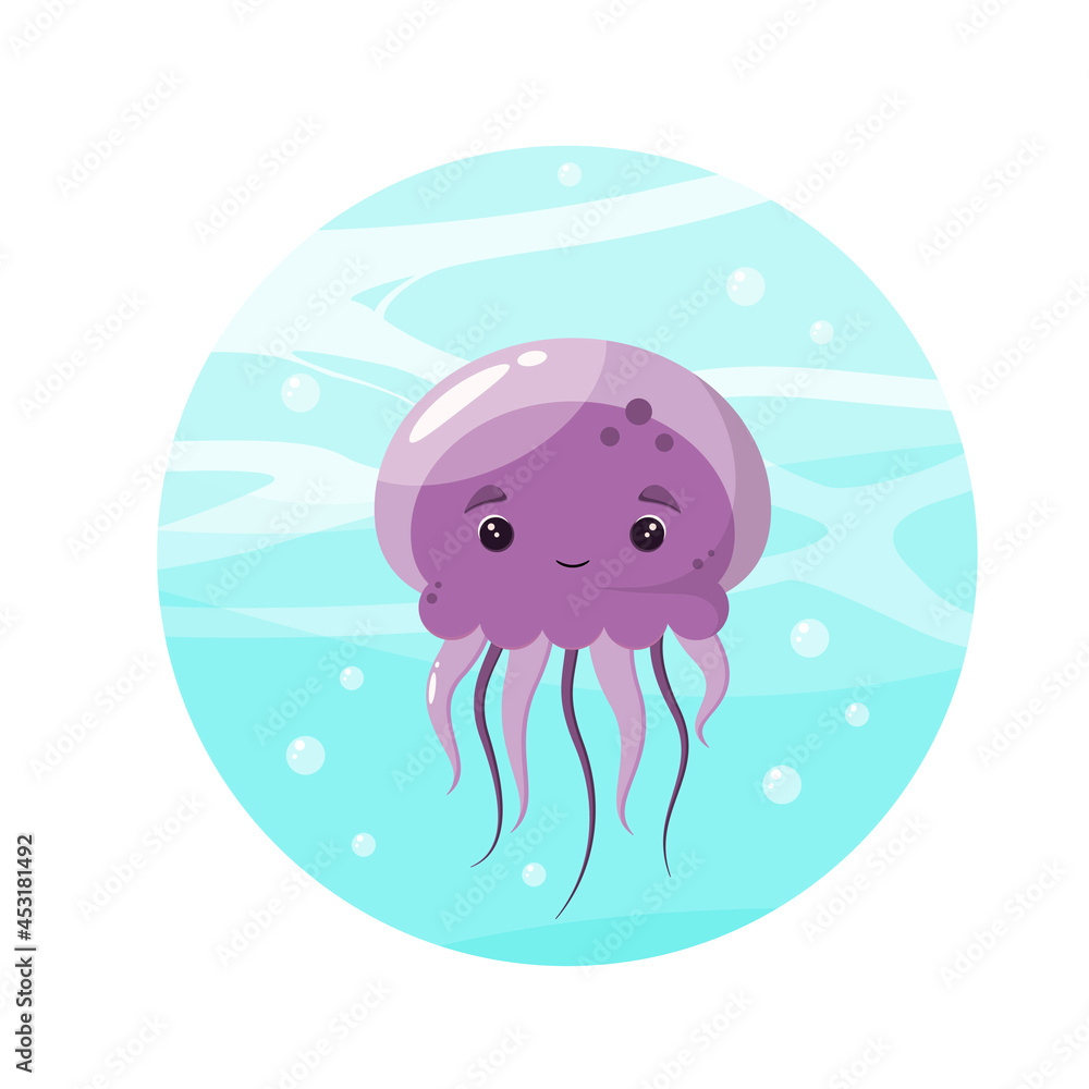 Cute purple jellyfish in the blue ocean. A cartoon animal. Cute purple jellyfish in the blue ocean. A cartoon animal.
