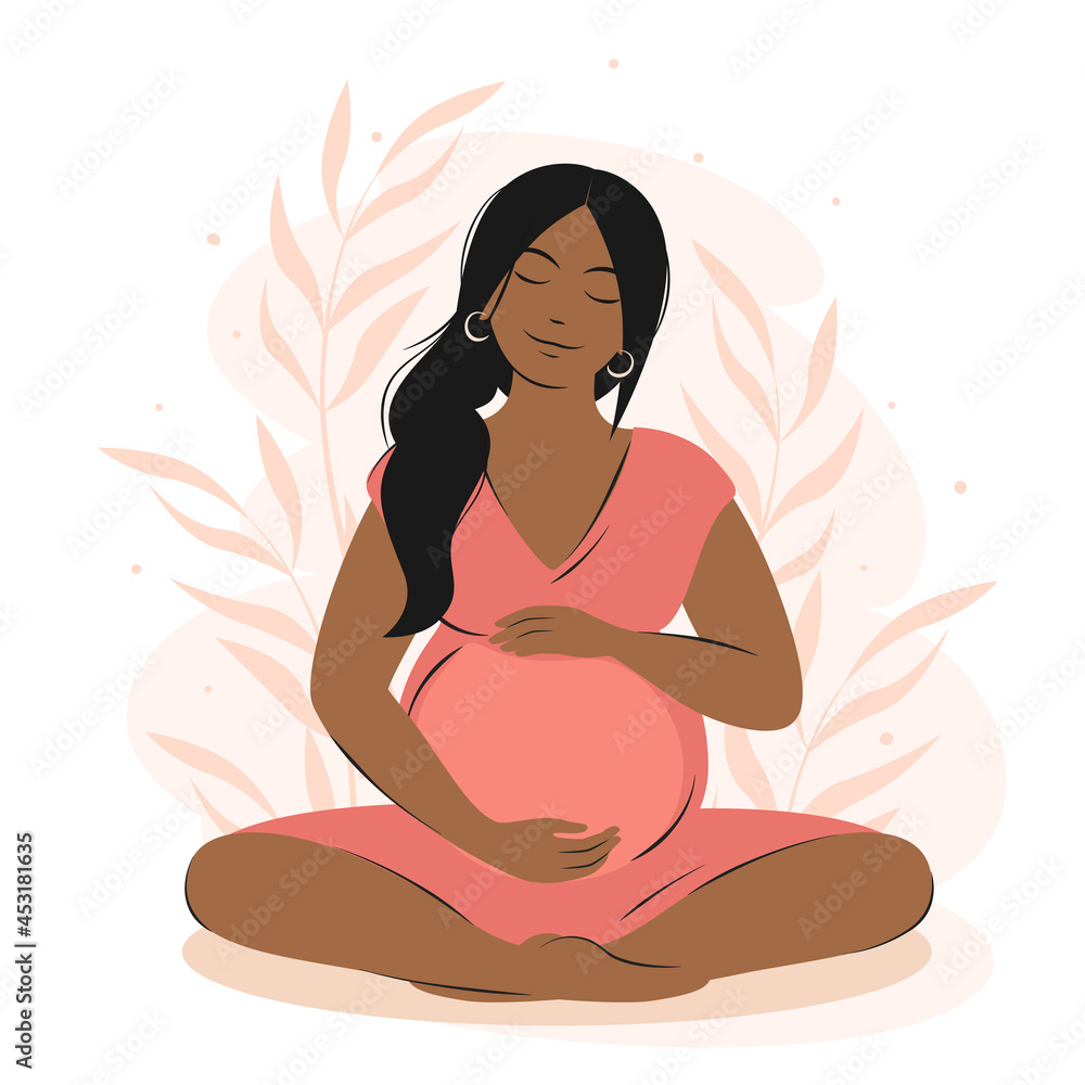 Pregnant woman woman with dark hair and skin meditates on the nature. Concept for yoga, meditation, health, care, pregnancy. Vector illustration Pregnant woman woman with dark hair and skin meditates on the nature. Concept for yoga, meditation, health, care, pregnancy. Vector illustration