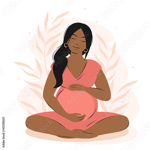 Pregnant woman woman with dark hair and skin meditates on the nature. Concept for yoga, meditation, health, care, pregnancy. Vector illustration