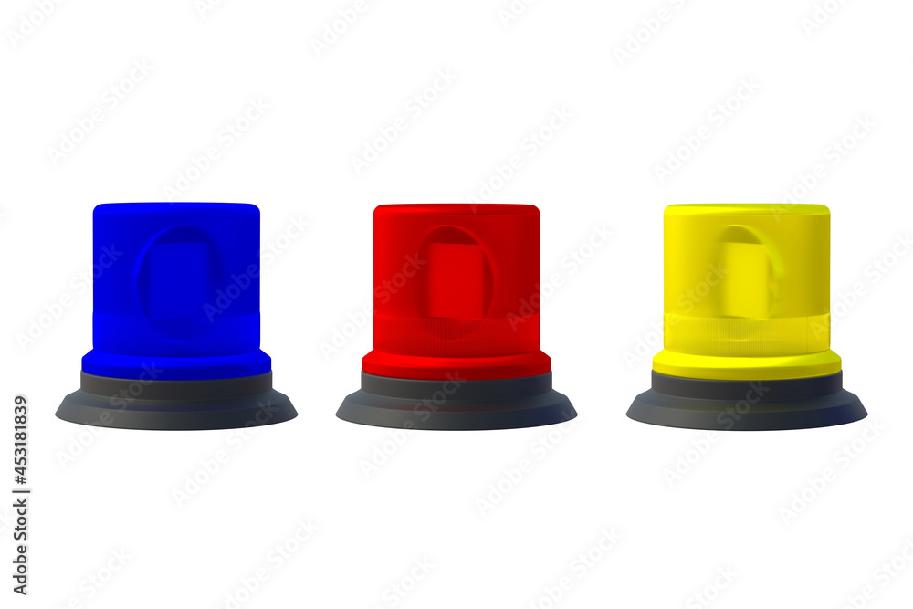 Set of flashers of red, blue and yellow colors isolated on white background. 3d render Set of flashers of red, blue and yellow colors isolated on white background. 3d render