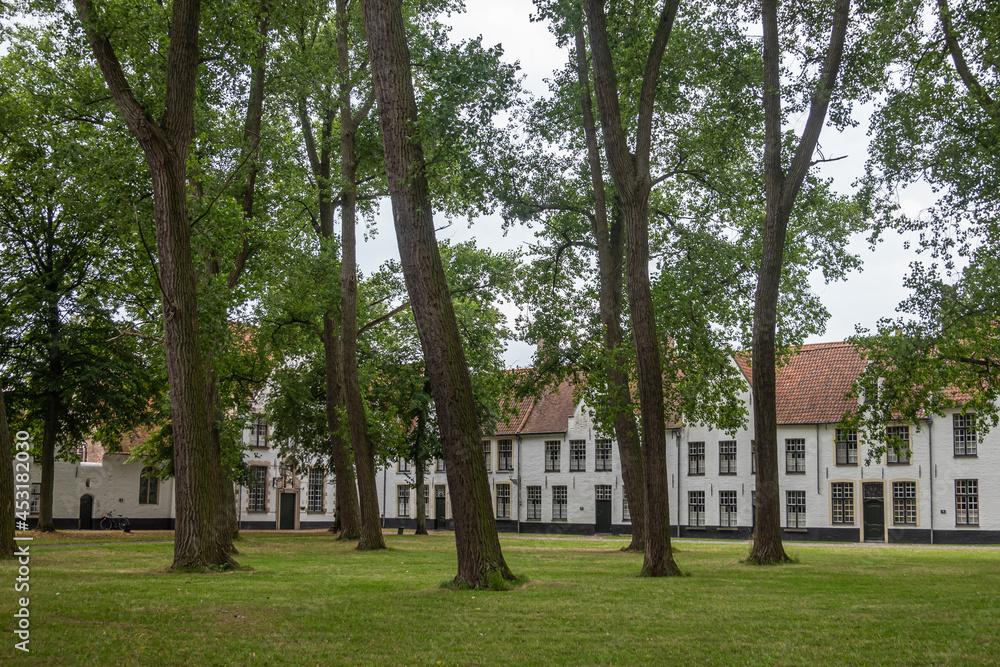 Brugge, Flanders, Belgium - August 4, 2021: Green park courtyard with tall trees and white housing as backdrop in Beguinage.