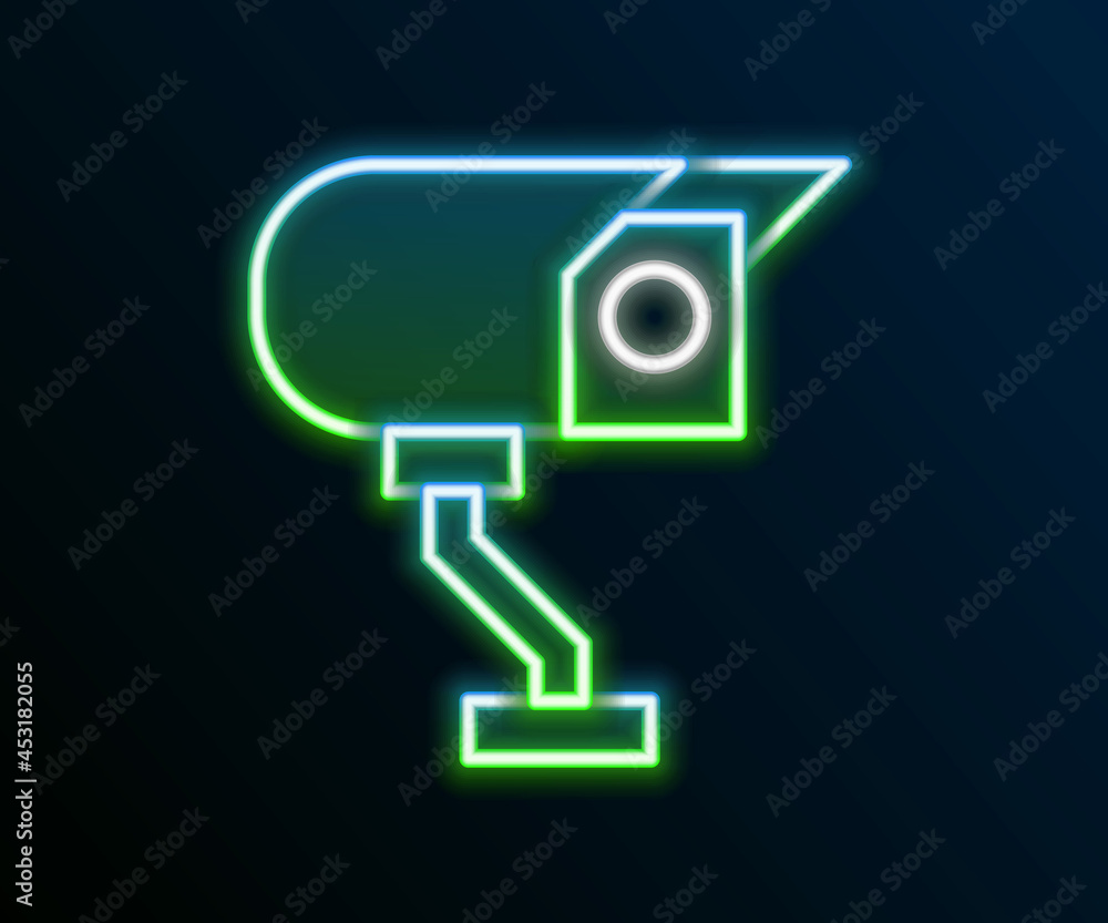 Glowing neon line Security camera icon isolated on black background. Colorful outline concept. Vector Glowing neon line Security camera icon isolated on black background. Colorful outline concept. Vector