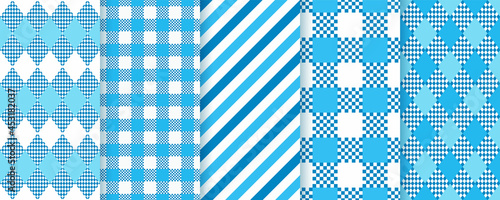 Oktoberfest diamond seamless patterns. Blue Bavarian backgrounds with rhombuses. Set gingham plaid prints. Lozenge geometric textures. Modern backdrops. Vector illustration.