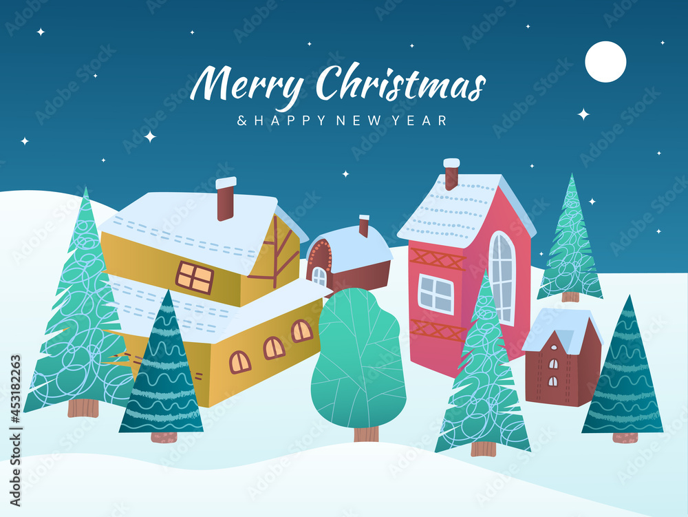 Merry Christmas concept. Beautiful snowy landscape of countryside with Christmas trees and houses. Design of greeting card, banner or poster with inscription and city. Cartoon flat vector illustration