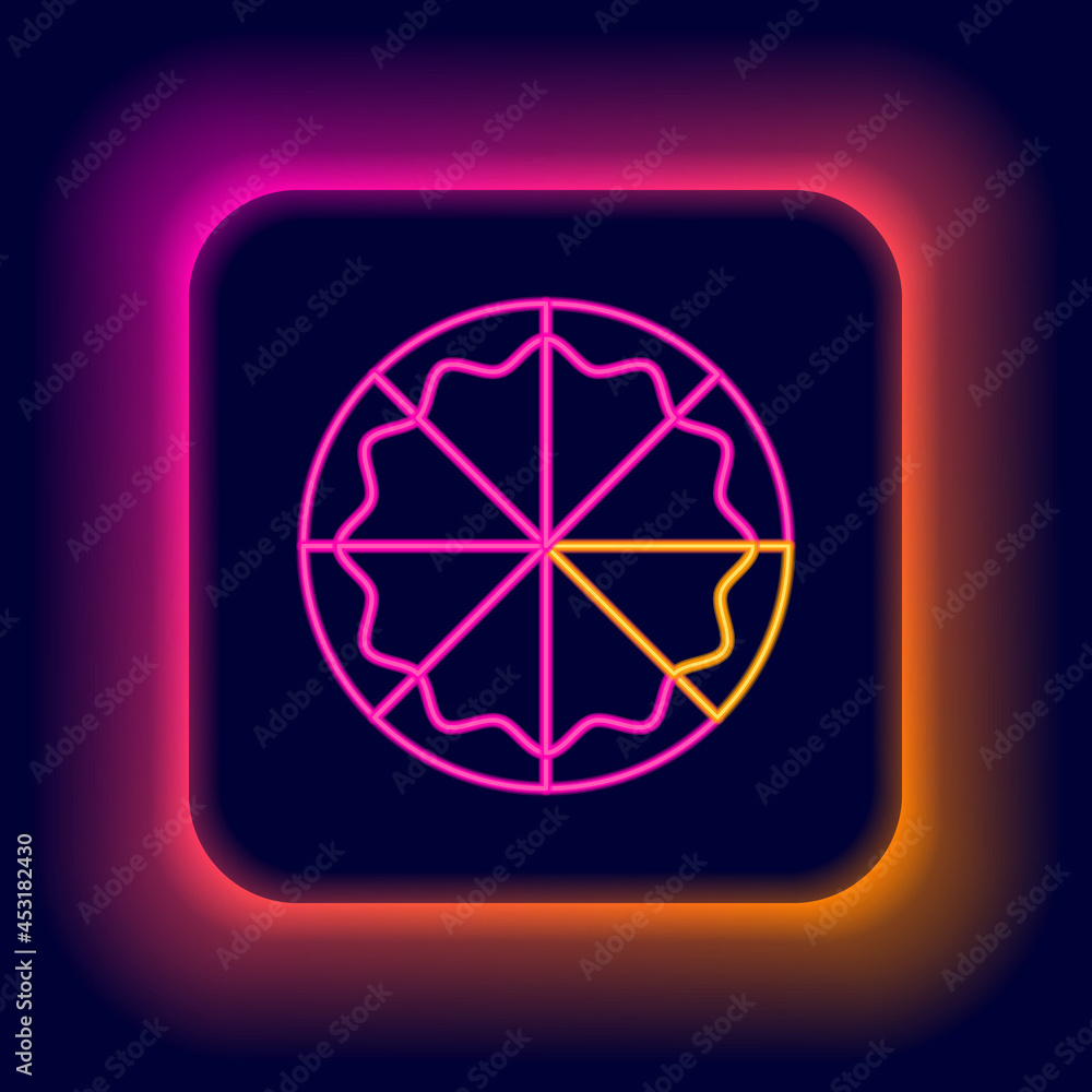 Glowing neon line Pizza icon isolated on black background. Fast food menu. Colorful outline concept. Vector Glowing neon line Pizza icon isolated on black background. Fast food menu. Colorful outline concept. Vector