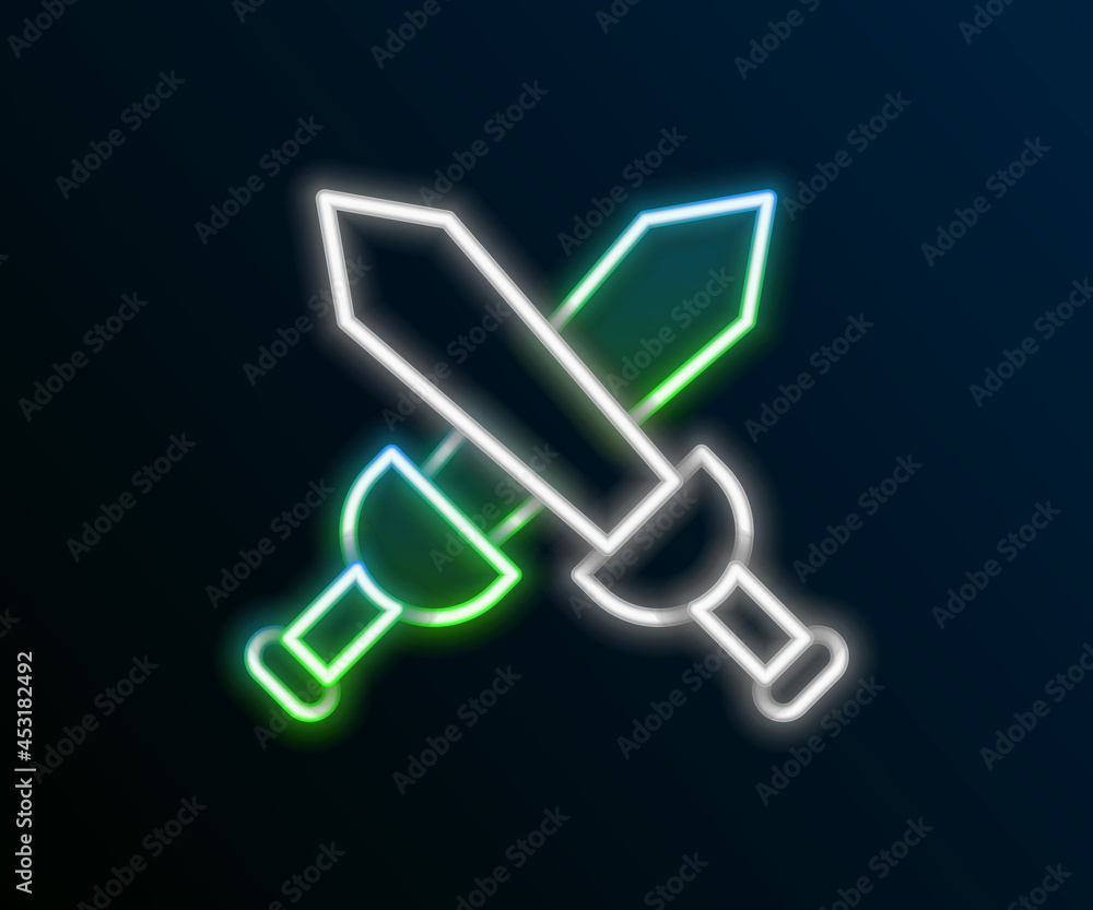Glowing neon line Crossed medieval sword icon isolated on black background. Medieval weapon. Colorful outline concept. Vector Glowing neon line Crossed medieval sword icon isolated on black background. Medieval weapon. Colorful outline concept. Vector