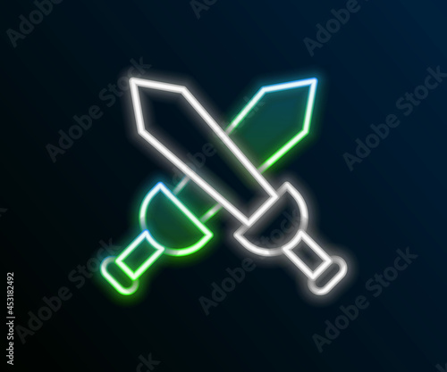 Glowing neon line Crossed medieval sword icon isolated on black background. Medieval weapon. Colorful outline concept. Vector