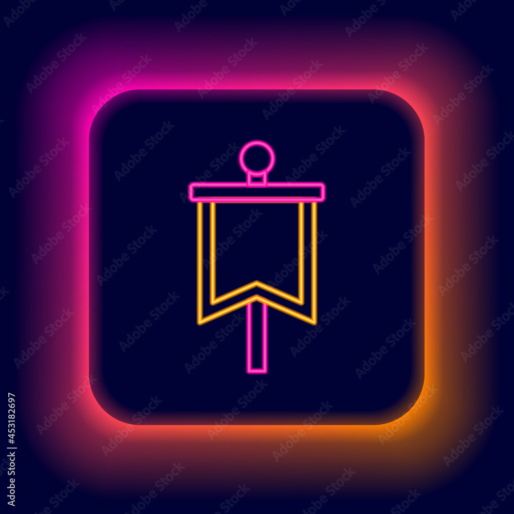 Glowing neon line Medieval flag icon isolated on black background. Country, state, or territory ruled by a king or queen. Colorful outline concept. Vector Glowing neon line Medieval flag icon isolated on black background. Country, state, or territory ruled by a king or queen. Colorful outline concept. Vector
