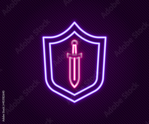 Glowing neon line Medieval shield with sword icon isolated on black background. Colorful outline concept. Vector
