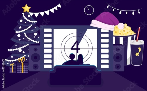 Christmas movie Young couple watching New year movie or TV on sofa in a christmas decorated interior of house Holidays decoration in living room vector illustration Best Christmas movies