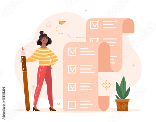 Planning and time management concept. Woman with pencil stands next to large to do list. Mark completed task. Personal efficiency at work. Cartoon flat vector illustration isolated on white background