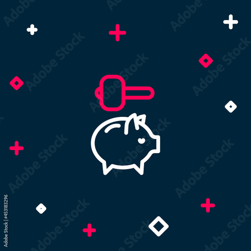 Line Piggy bank and hammer icon isolated on blue background. Icon saving or accumulation of money, investment. Colorful outline concept. Vector